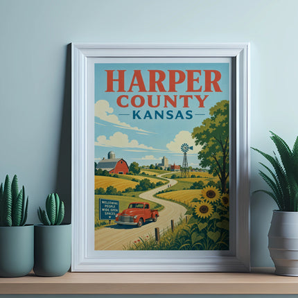 Vintage poster of Harper County, Kansas with a red truck on a rural road.