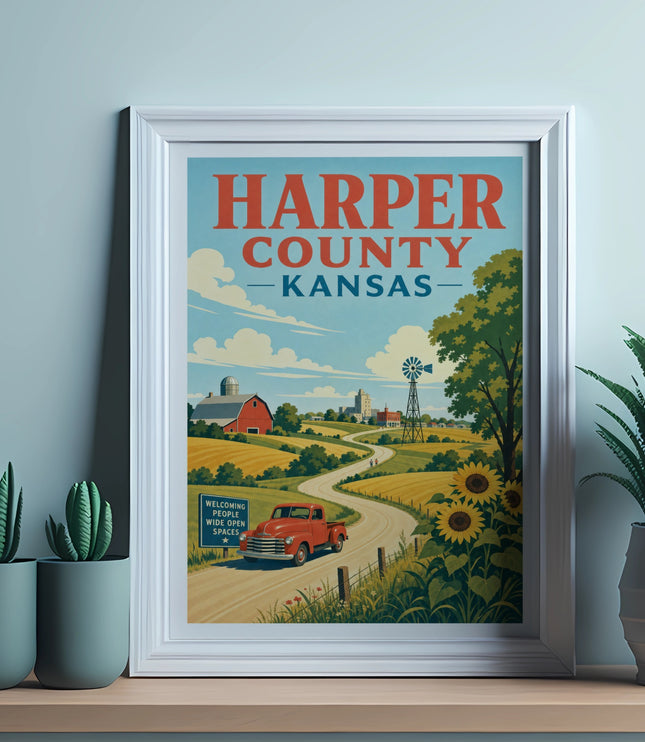 Vintage poster of Harper County, Kansas with a red truck on a rural road.
