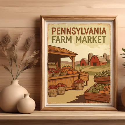 Framed "Pennsylvania Farm Market" sign with produce, barns, and fields.