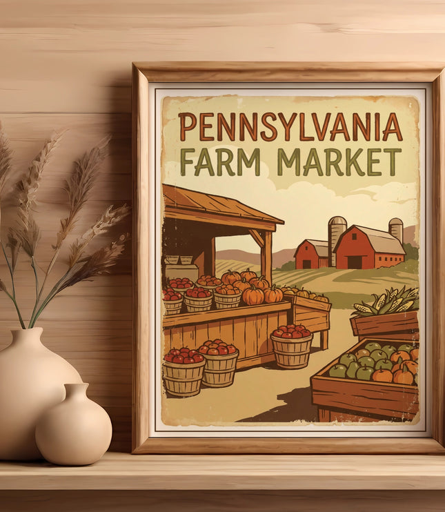Framed "Pennsylvania Farm Market" sign with produce, barns, and fields.