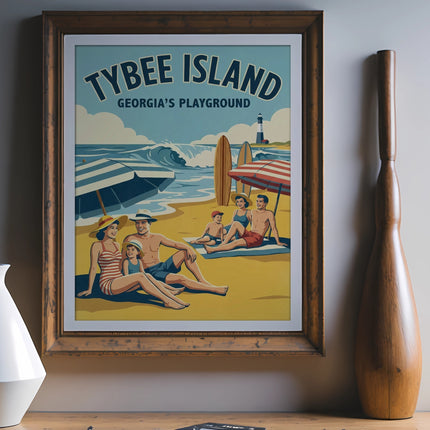 Vintage Tybee Island Georgia's Playground poster with beach scene.