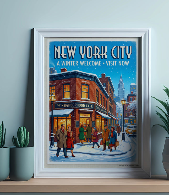 New York City winter scene with people walking past a cafe, featuring the Chrysler Building.