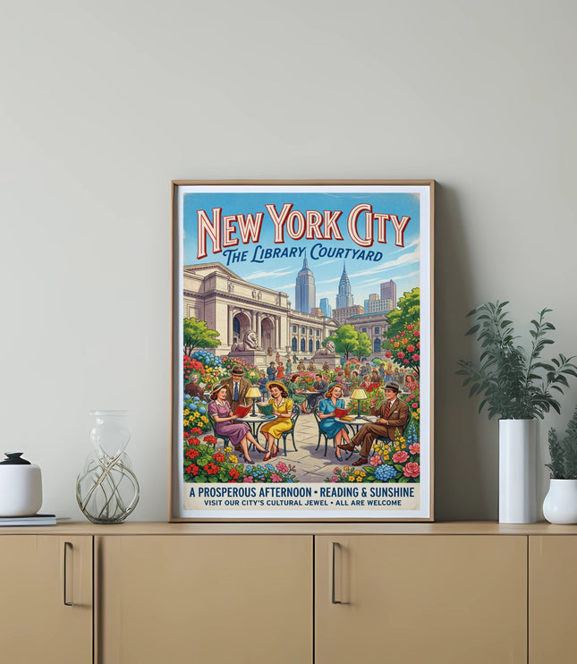 New York City Library Courtyard art featuring people reading amongst flowers.