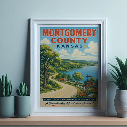 Montgomery County, Kansas scenic vacationland poster with lakes, trees, and text.