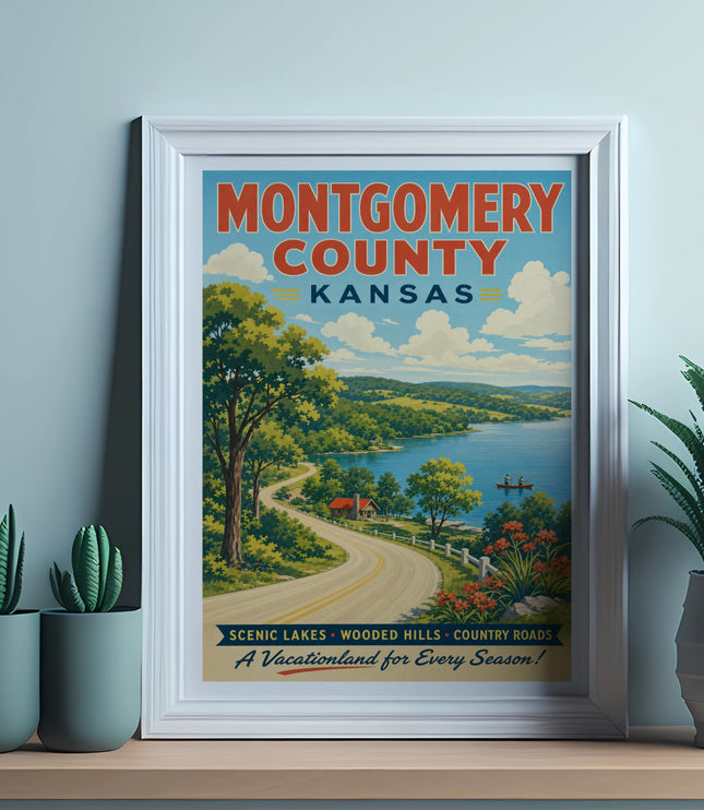 Montgomery County, Kansas scenic vacationland poster with lakes, trees, and text.