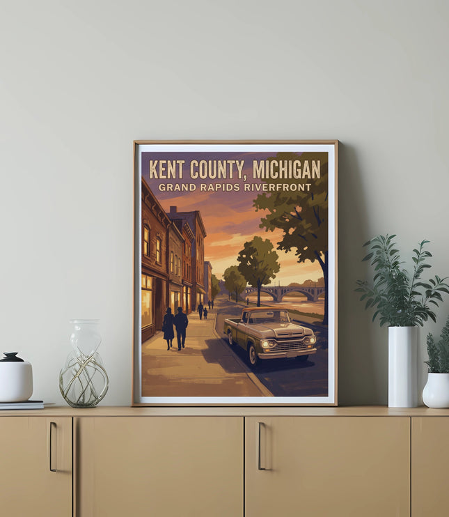 Poster: Kent County, Michigan, Grand Rapids Riverfront with classic truck and bridge.