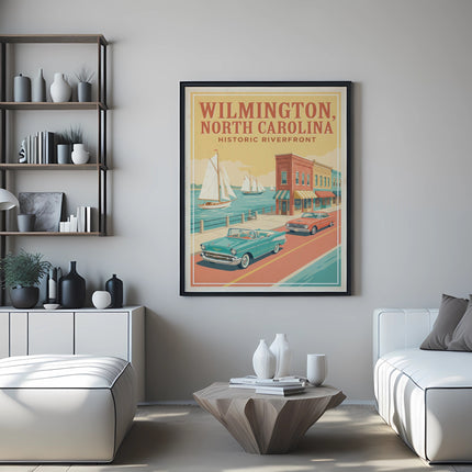 Framed poster for Wilmington, NC Historic Riverfront with cars and sailboats.