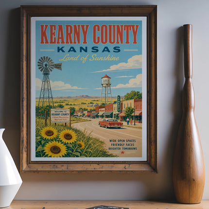 Kearny County, Kansas vintage travel poster with windmill, town and sunflowers.