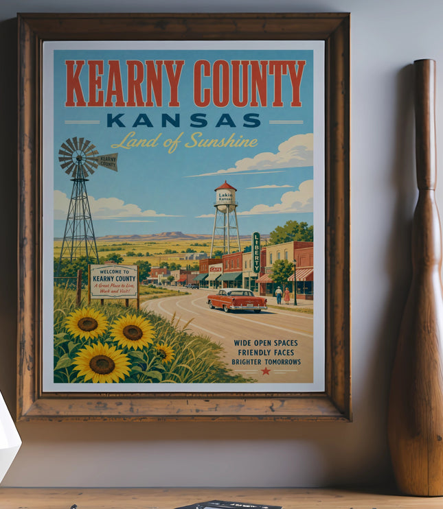 Kearny County, Kansas vintage travel poster with windmill, town and sunflowers.