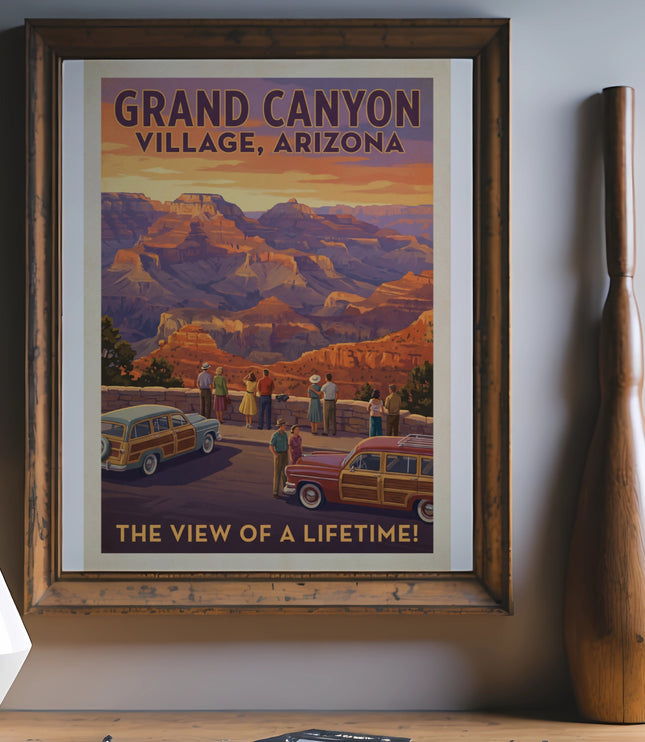 Grand Canyon Village, Arizona vintage travel poster with scenic canyon view.