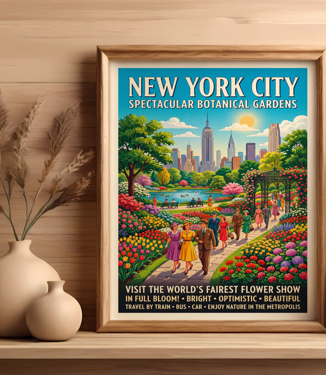 New York City Botanical Gardens vintage travel poster with skyline and flower show.
