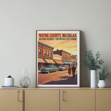 Wayne County, Michigan poster depicting historic Detroit street scene with cars.