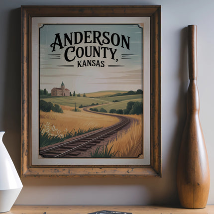 Vintage Anderson County, Kansas travel poster with train tracks and rolling hills.