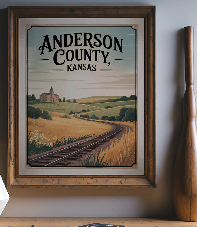Vintage Anderson County, Kansas travel poster with train tracks and rolling hills.