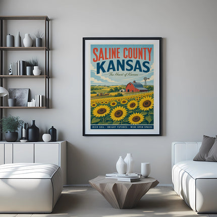 Saline County Kansas vintage travel poster with sunflowers and barn.