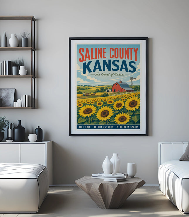 Saline County Kansas vintage travel poster with sunflowers and barn.