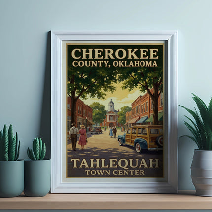 Cherokee County, Oklahoma Tahlequah Town Center vintage travel poster.