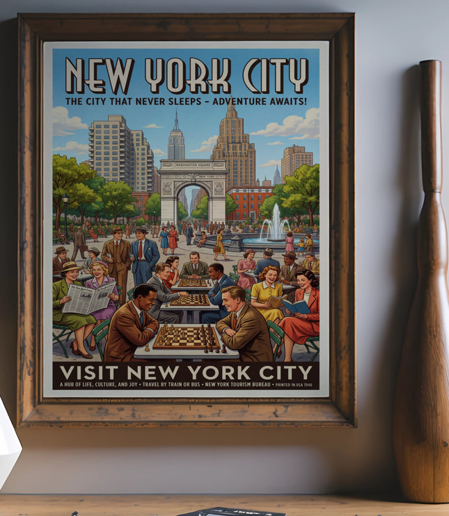 New York City vintage poster showing Washington Square with people playing chess.