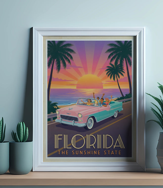 Vintage Florida travel poster featuring a pink convertible driving towards a sunset.