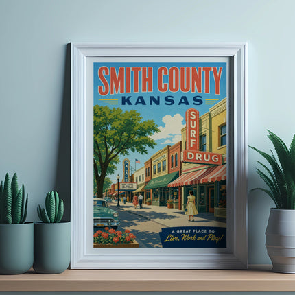 Framed vintage poster of Smith County, Kansas, with street scene and "SURF DRUG" sign.