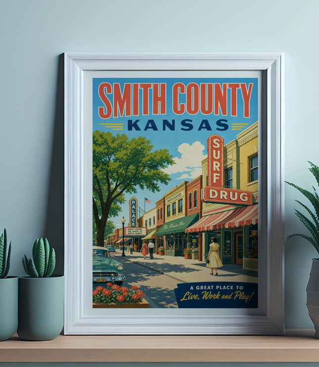 Framed vintage poster of Smith County, Kansas, with street scene and "SURF DRUG" sign.