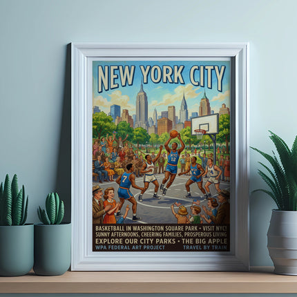 New York City Knicks basketball poster in Washington Square Park.