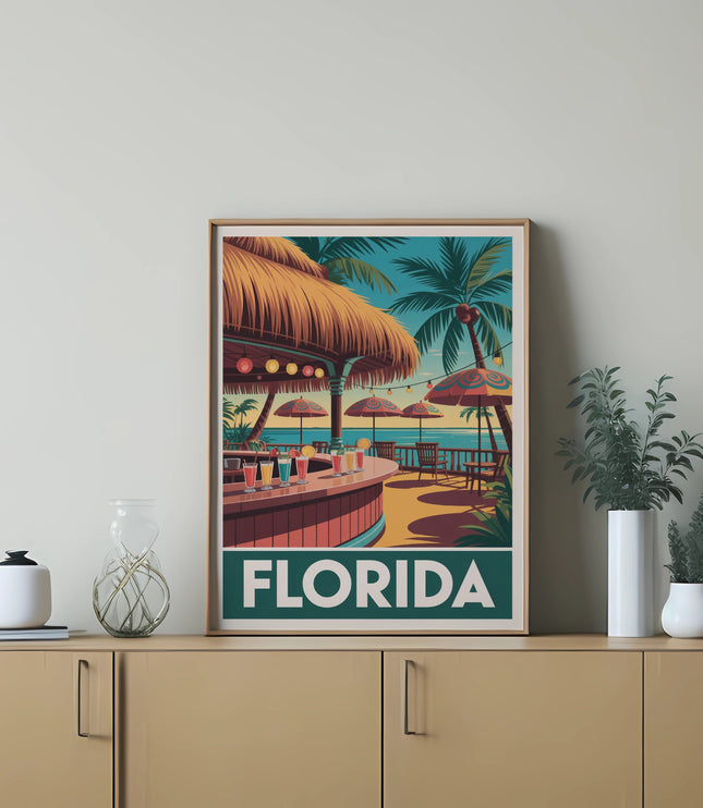 Vintage Florida beach bar poster with palm trees and drinks.