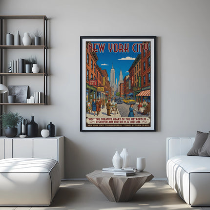 Vintage New York City travel poster depicting downtown streets and buildings.