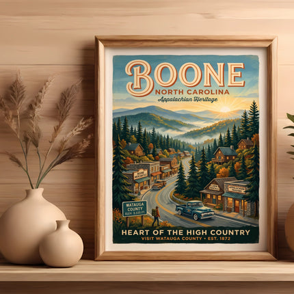 Boone North Carolina Appalachian Heritage vintage poster with mountain town scene.