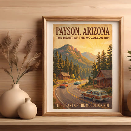 Payson, Arizona poster showing a winding road with cars and cabins, "The Heart of the Mogollon Rim" text.