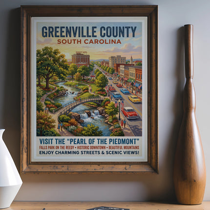 Greenville County, SC travel poster featuring Falls Park, historic downtown, and Poinsett Hotel.