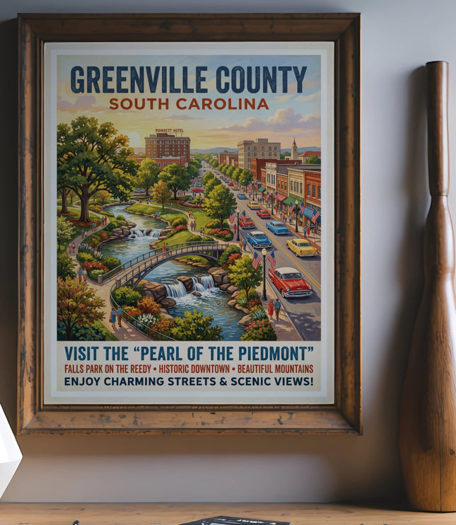 Greenville County, SC travel poster featuring Falls Park, historic downtown, and Poinsett Hotel.