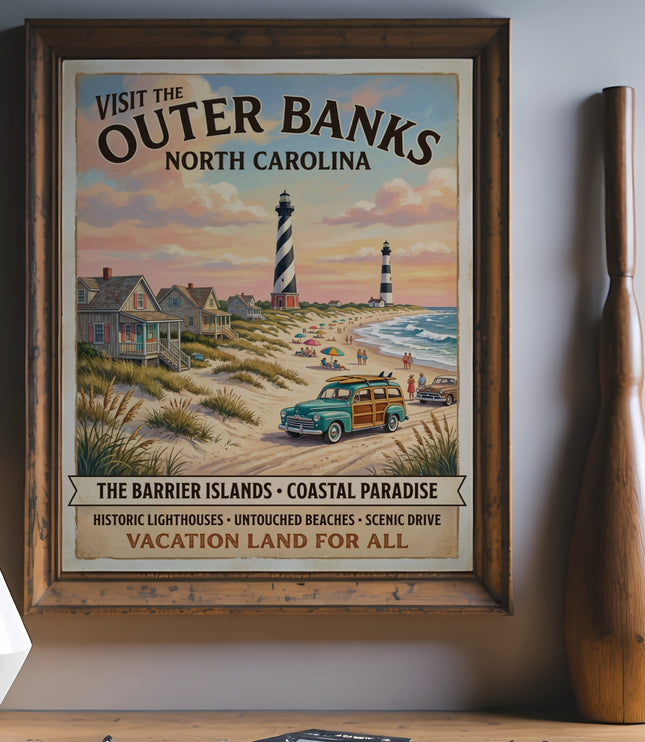 Vintage Outer Banks North Carolina poster with lighthouses and beach scene.