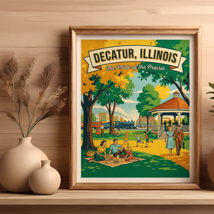 Vintage-style poster of Decatur, Illinois, featuring a park scene with a train.