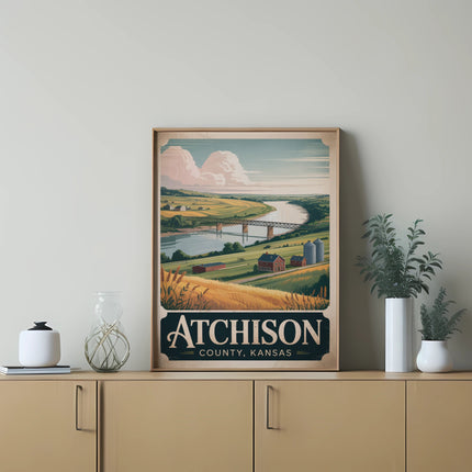 Vintage travel poster for Atchison County, Kansas, with river and farmland.