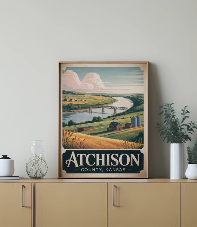 Vintage travel poster for Atchison County, Kansas, with river and farmland.