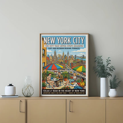 New York City poster featuring people reading on outdoor terraces, with city skyline.