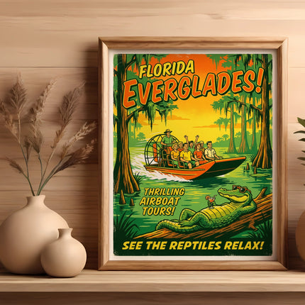 Florida Everglades airboat tour poster with happy people and a relaxing alligator.