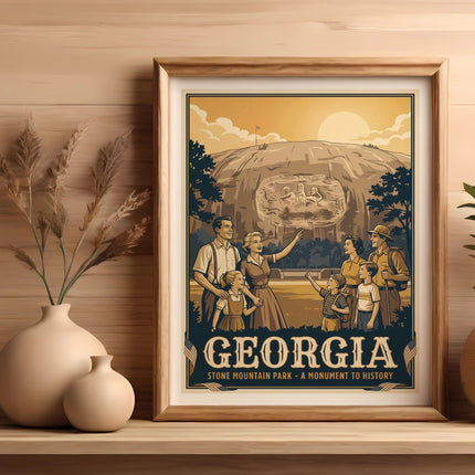 Framed art print depicting Stone Mountain Park, Georgia, with a family in vintage attire.