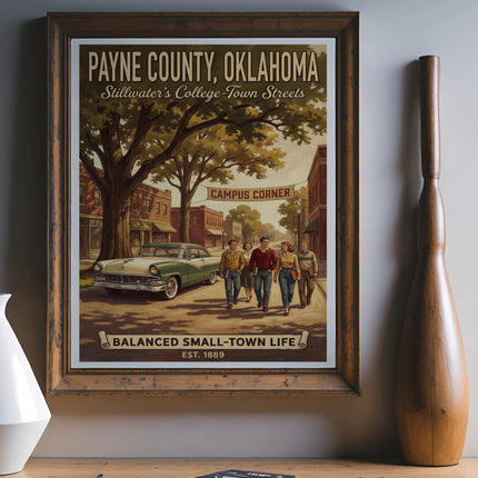 Payne County, Oklahoma art with 1950s style, people, car, and text.