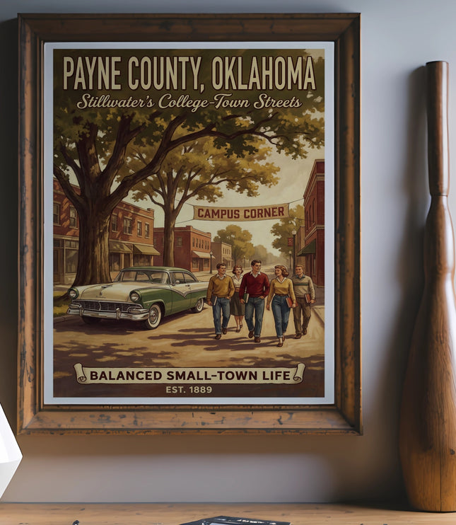 Payne County, Oklahoma art with 1950s style, people, car, and text.