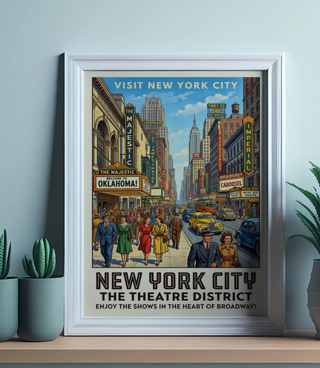 Vintage New York City theatre district poster with cars and pedestrians on Broadway.