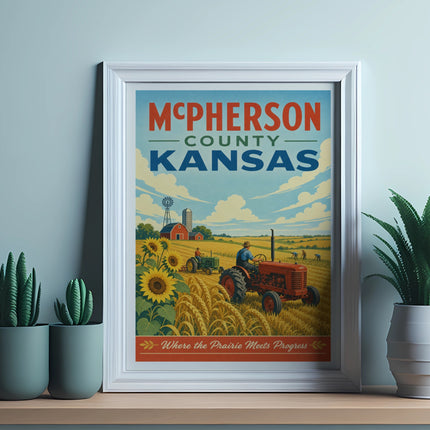 McPherson County Kansas poster with tractor, sunflowers, and windmill.