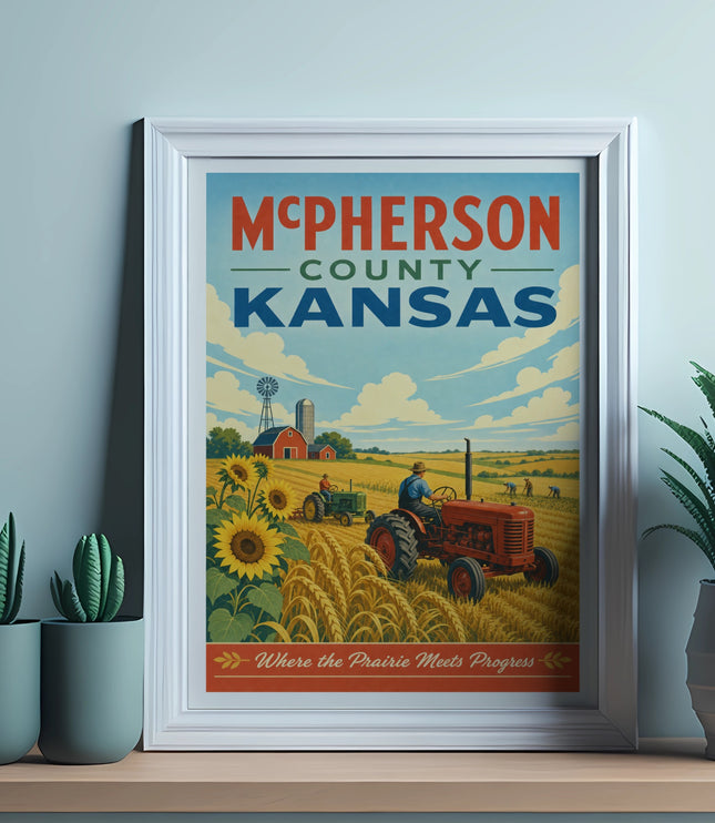 McPherson County Kansas poster with tractor, sunflowers, and windmill.
