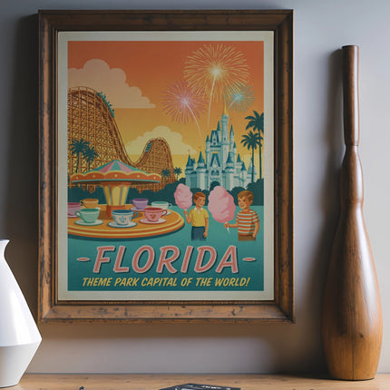 Vintage Florida theme park poster with roller coaster, castle, and fireworks.