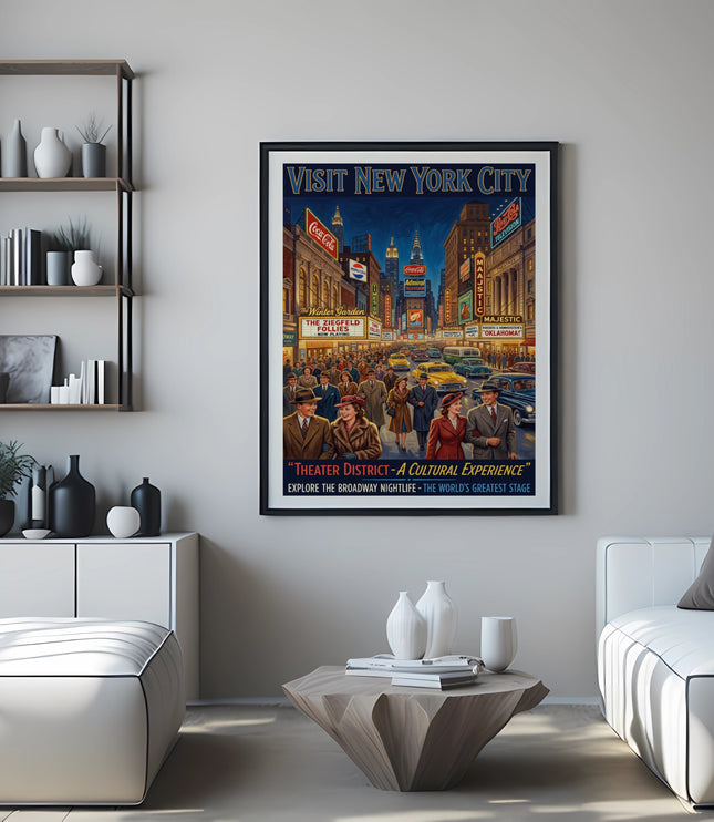 "Visit New York City" poster depicting Times Square and the Ziegfeld Follies.