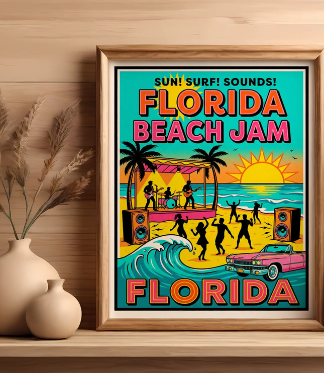 Florida Beach Jam poster with band, dancers, waves, and classic car.