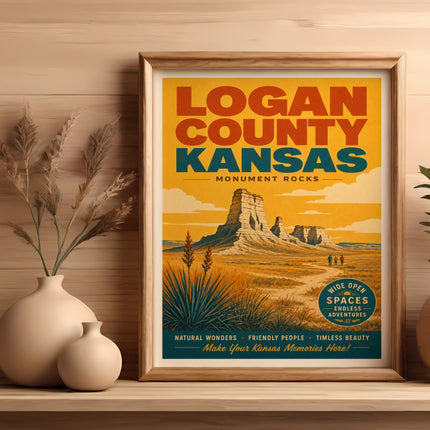 Vintage travel poster for Logan County, Kansas, featuring Monument Rocks and text.