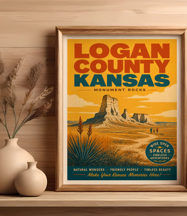 Vintage travel poster for Logan County, Kansas, featuring Monument Rocks and text.