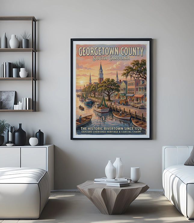 Georgetown County, South Carolina poster with historic rivertown scene and text.